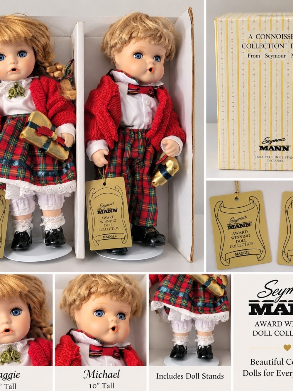 Seymour Mann Maggie & Michael 10” Doll Set Plaid Holiday w Box Vintage